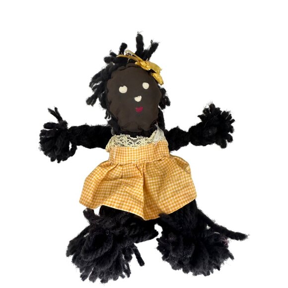 Handmade Vintage Yarn Rag Doll With Yellow Gingham Skirt & Bow 8 Inches Tall Sof - Picture 5 of 6